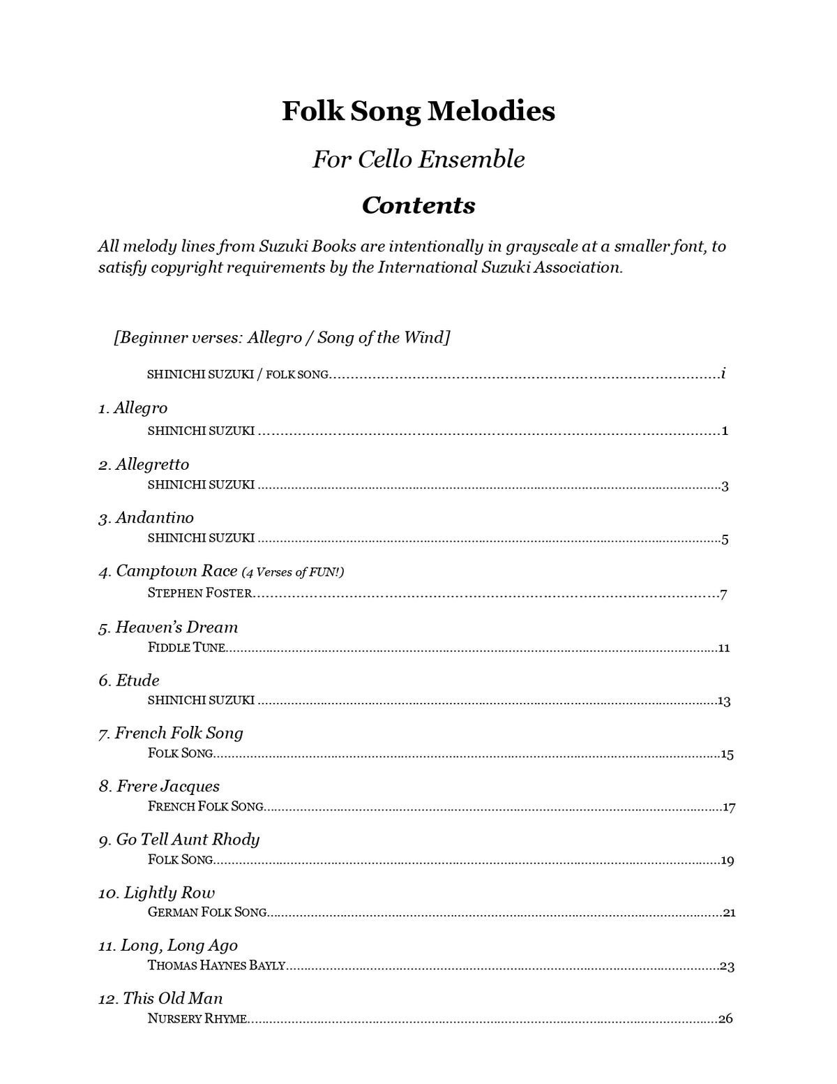 Yasuda, Martha - Folk Song Melodies For Cello Ensemble - Digital Download