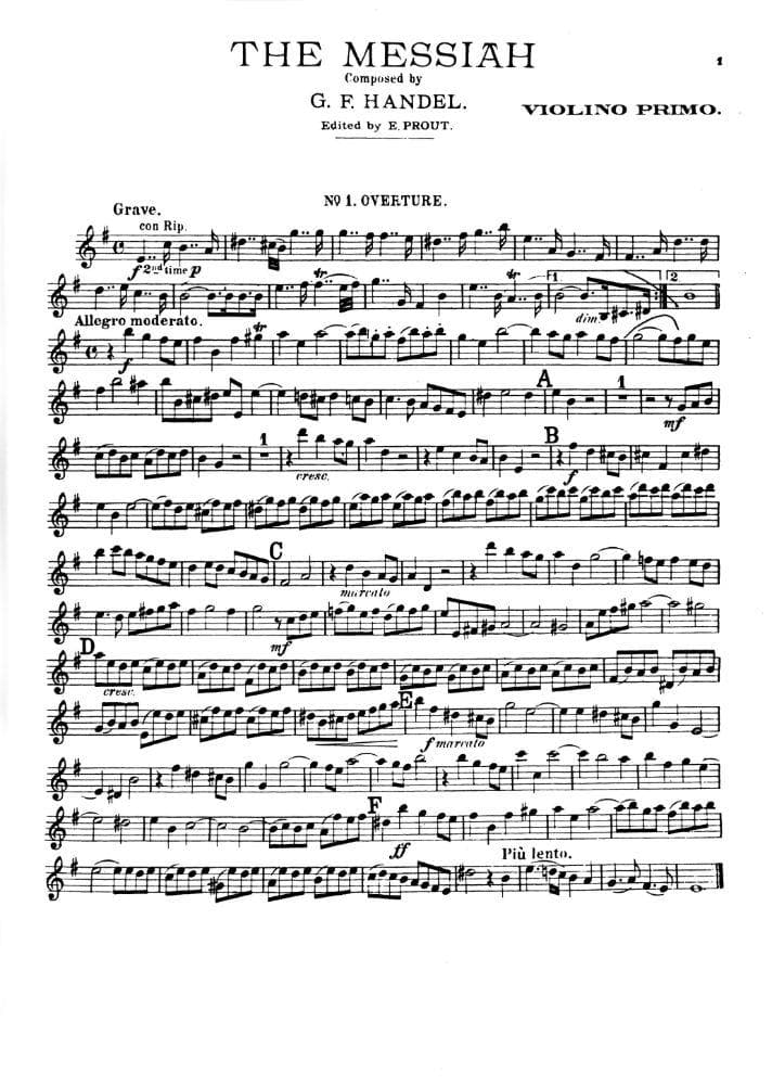 Handel, George Frideric - "Messiah" for String Orchestra - Violin 1 part - arranged by Prout - G Schirmer Edition