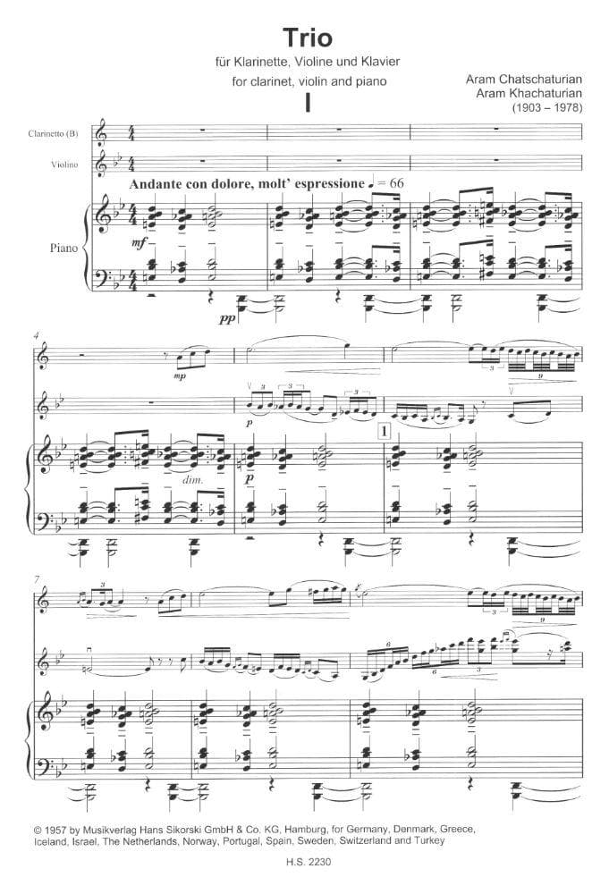 Khachaturian, Aram - Trio for Clarinet, Violin, and Piano - Edition Sikorski