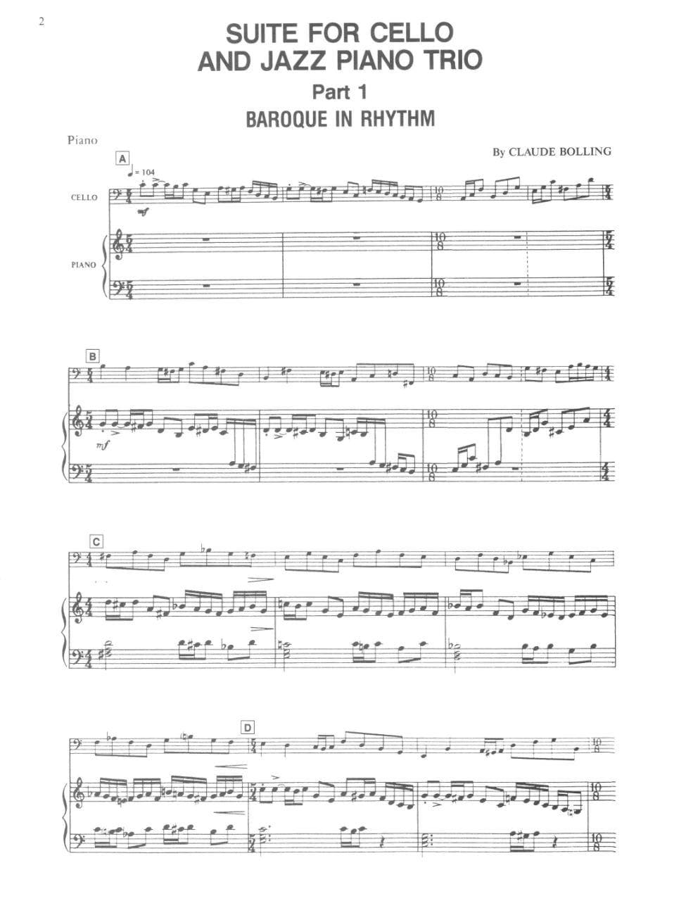 Bolling, Claude - Suite For Cello and Jazz Trio Parts for Piano, Cello, Double Bass and Drums