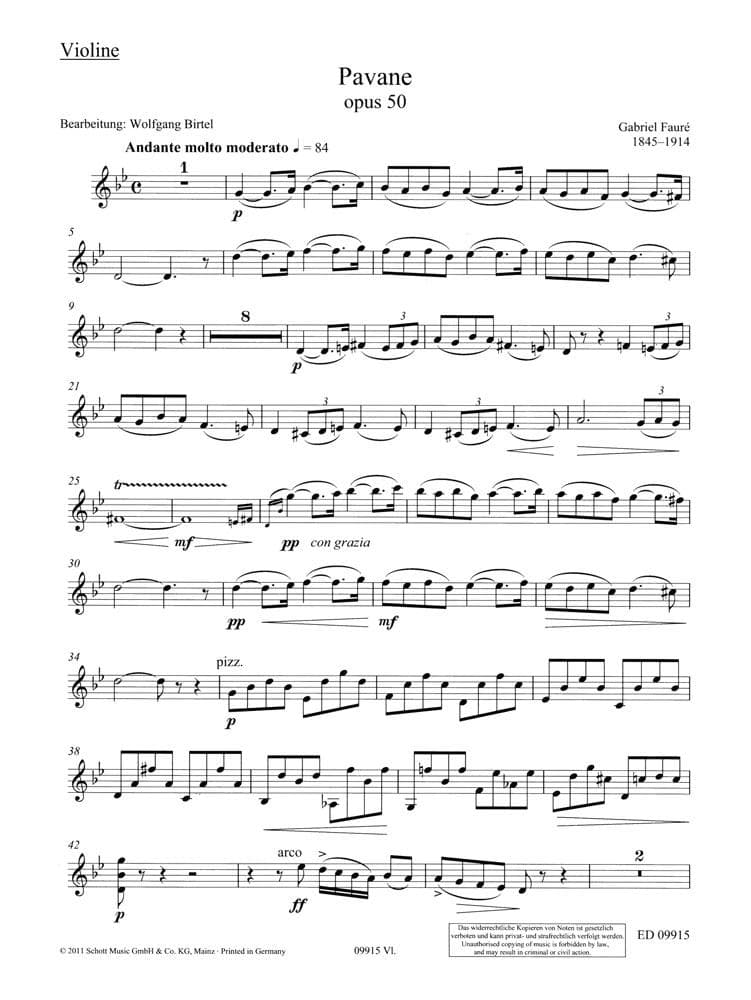 Faure, Gabriel - Pavane, Op 50 - for Violin and Piano - arranged by Wolfgang Birtel - Schott