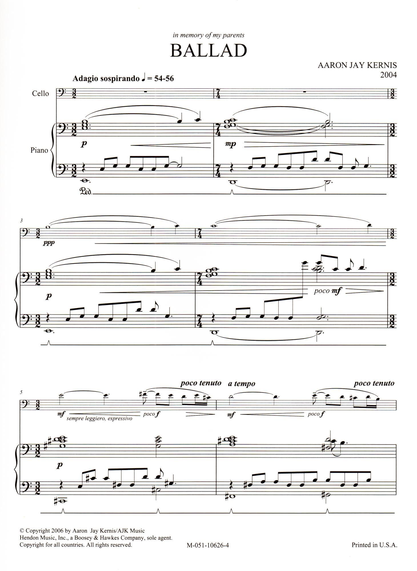 Kernis, Aaron Jay - Ballad - Cello and Piano - Boosey & Hawkes Edition