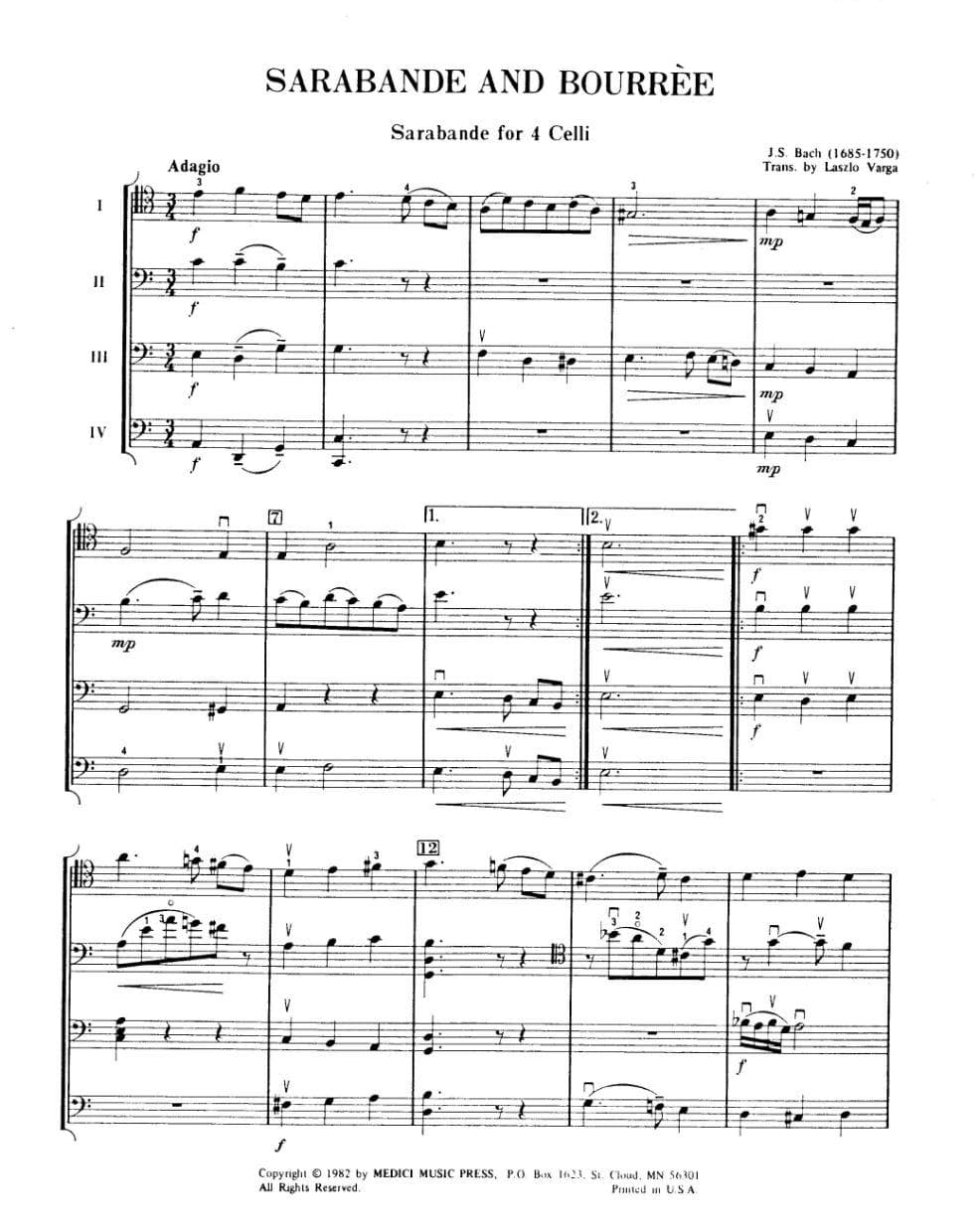 Bach, JS - Sarabande and Bourree BWV 1002 for Four Cellos - Score and Parts - Arranged by Varga - MusiCelli Publication