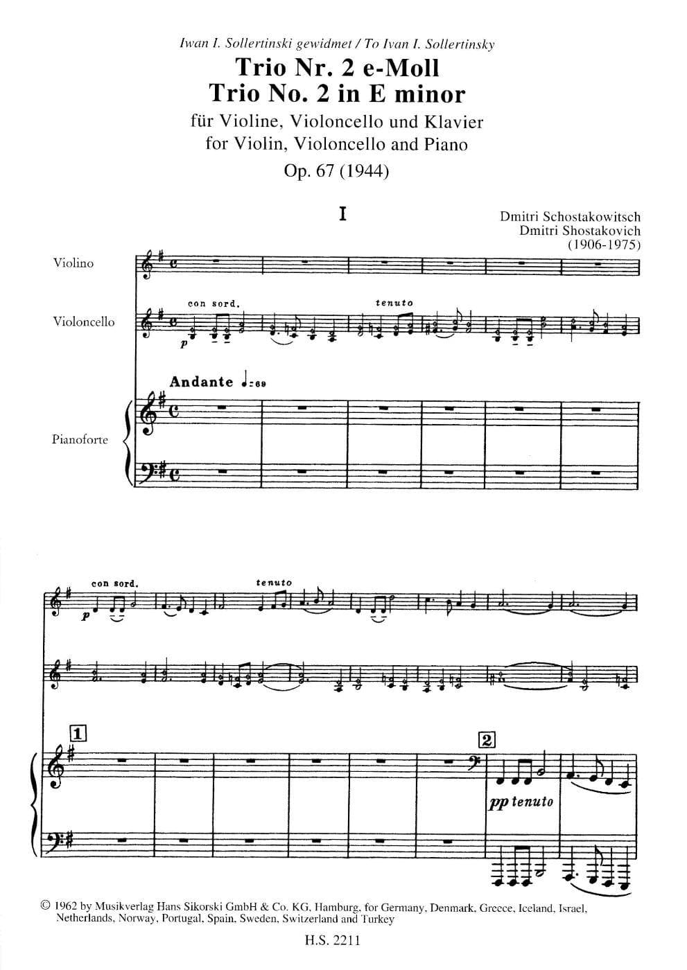 Shostakovich, Dmitri - Piano Trio No 2 in e minor, Op 67 For Violin, Cello and Piano Published by G Schirmer