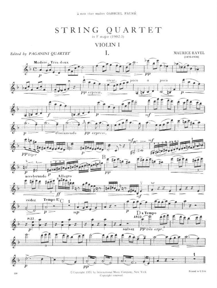 Ravel, Maurice - String Quartet in F Major - Two Violins, Viola, and Cello - Parts - edited by the Paganini Quartet - International Music Company