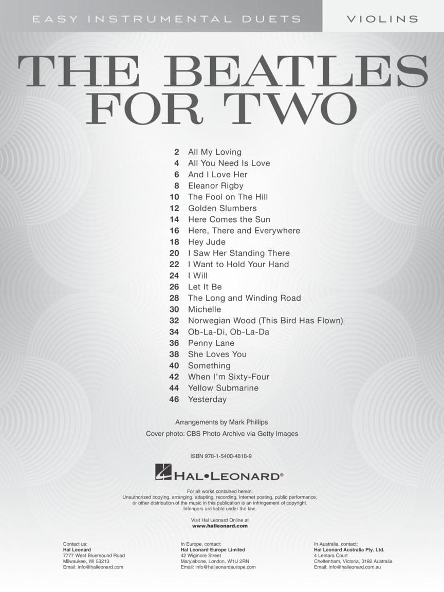 The Beatles for Two: 23 Favorites - Two Violins - Arranged by Mark Phillips - Hal Leonard