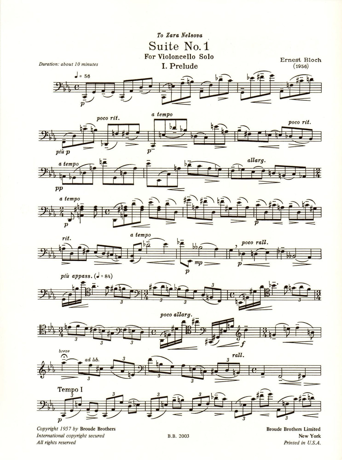 Bloch, Ernest - Suite No 1 for Cello (1956) - Broude Brothers Edition