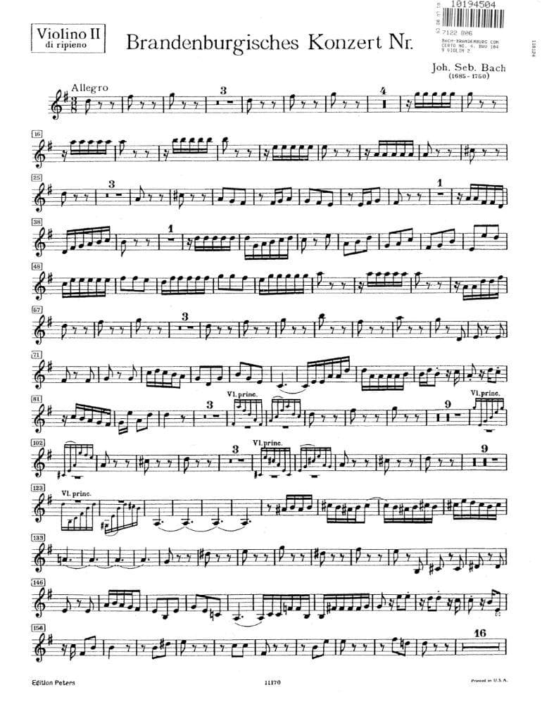 Bach, J.S. - Brandenburg Concerto No. 4, BWV 1049 - Violin 2 Part - Peters Edition