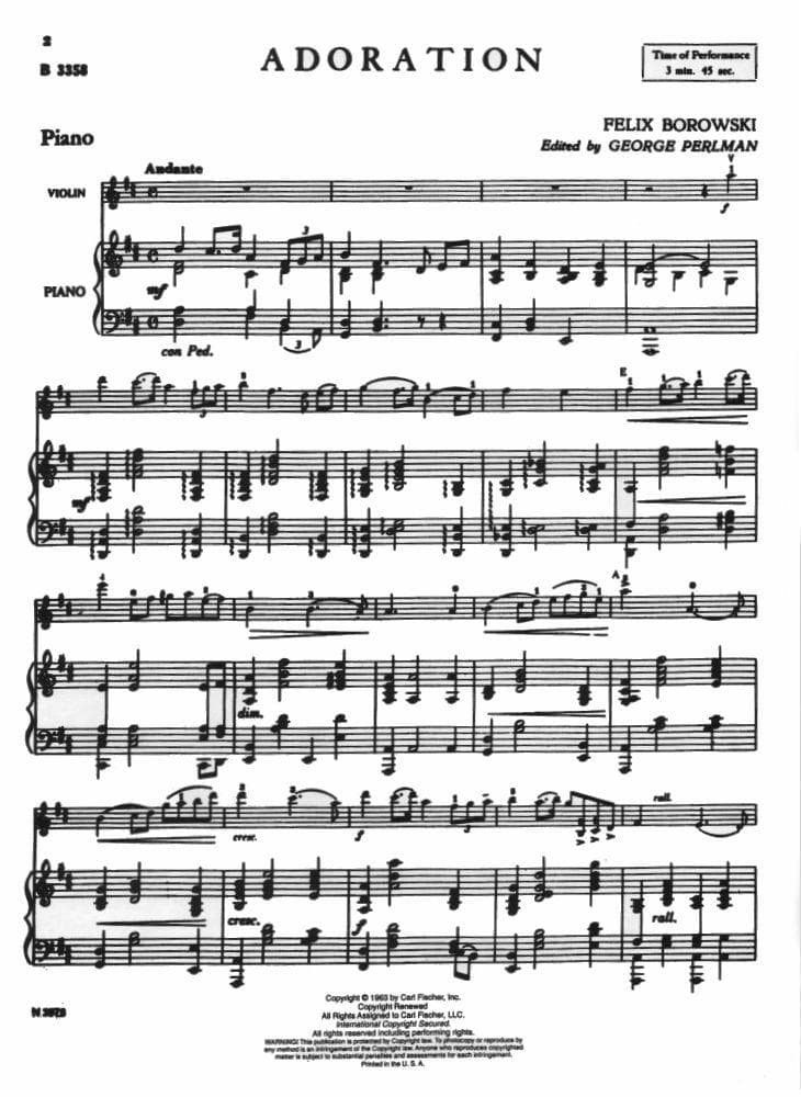 Borowski, Felix - Adoration for Violin and Piano - Arranged by Perlman - Fischer Edition
