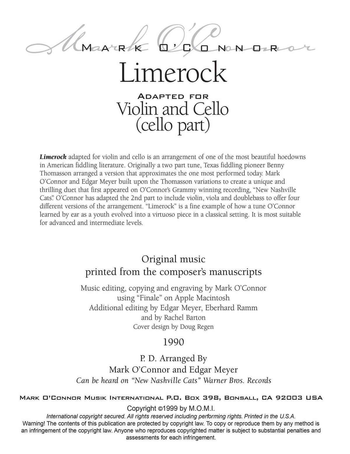 O'Connor, Mark - Limerock for Violin and Cello - Cello - Digital Download