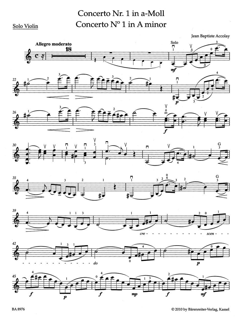 Accolay, Jean-Baptiste - Concerto No 1 in A Minor - Violin and Piano - Bärenreiter
