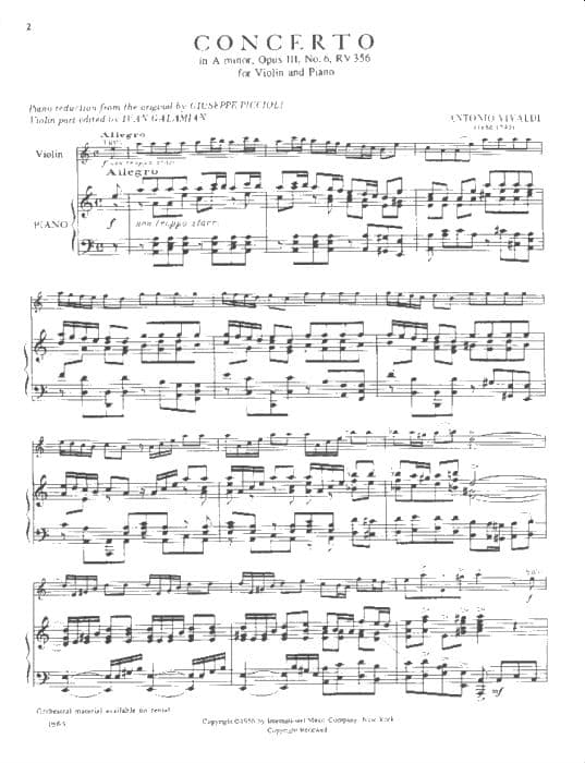 Vivaldi, Antonio - Violin Concerto in A Minor, Op 3 No 6, RV 356 - Violin and Piano - edited by Galamian - International Music Company