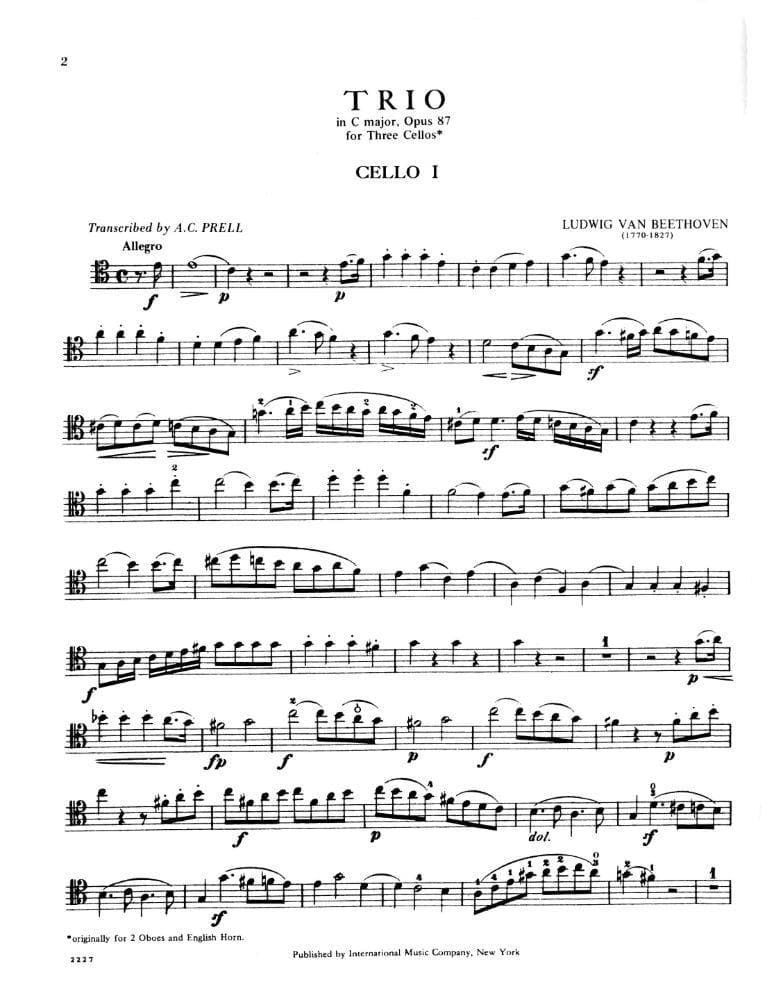 Beethoven, Ludwig - Trio In C Major Op 87 for Three Cellos - Arranged by Prell - International Edition
