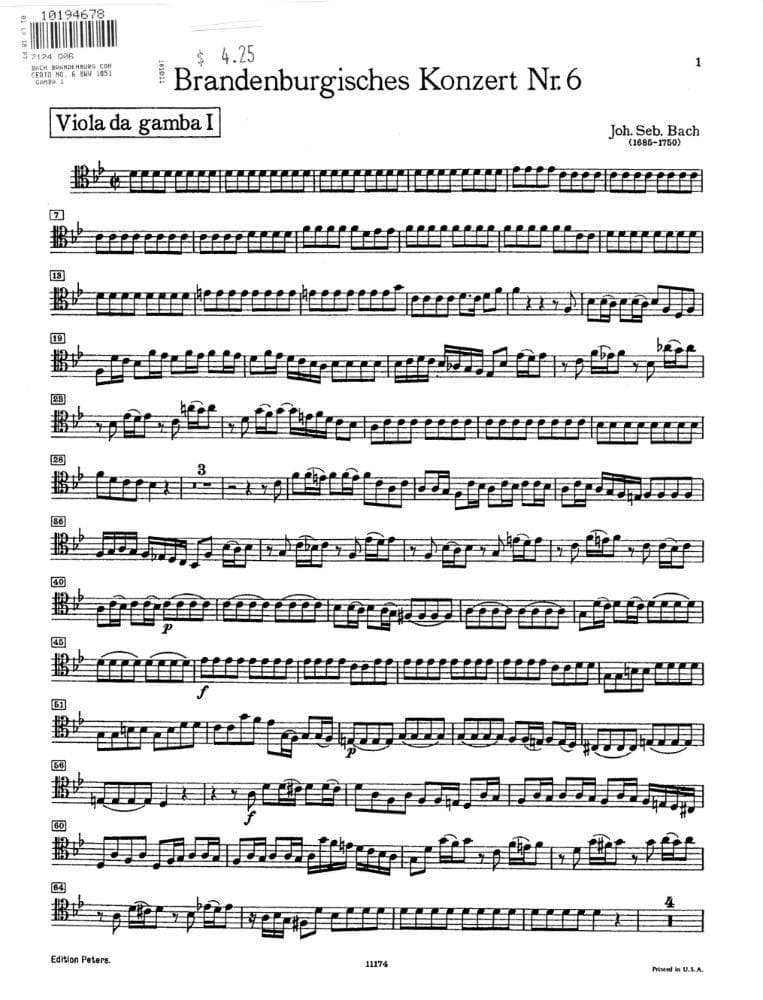 Bach, JS - Brandenburg Concerto No 6 BWV 1051 for 1st Viola da Gamba - Peters Edition