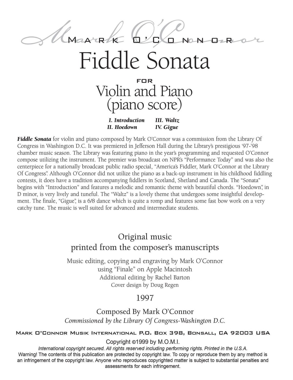 O'Connor, Mark - Fiddle Sonata for Violin and Piano - Piano Score - Digital Download