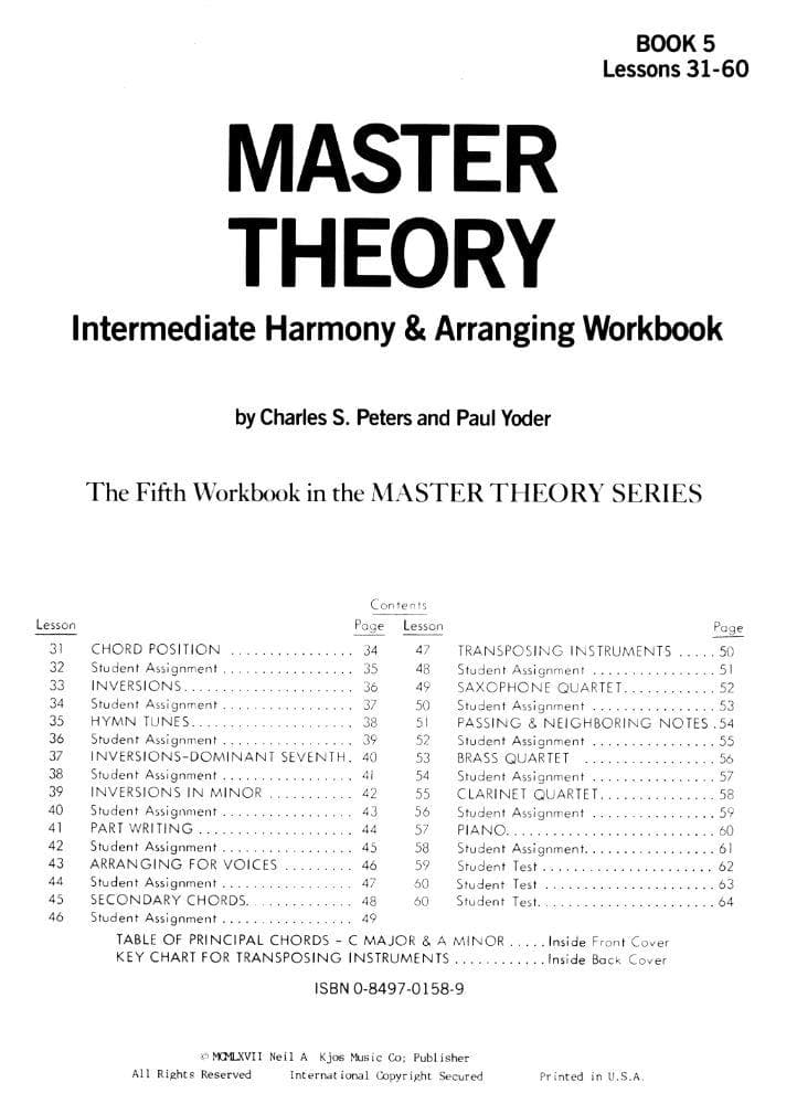 Master Theory Book 5 - Intermediate Harmony By Charles Peters and Paul Yoder Published by Neil A Kjos Music Company