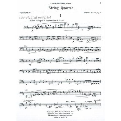 Barber, Samuel - String Quartet Op 11 Set of Parts for Two Violins, Viola and Cello - Schirmer Edition