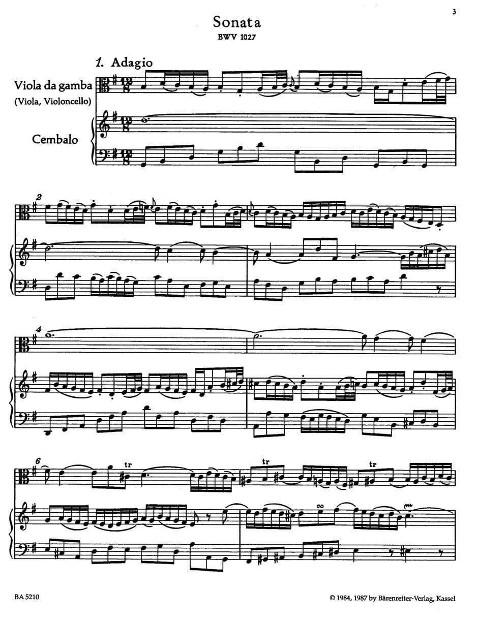 Bach, JS - 3 Sonatas BWV 1027 1029 for Cello and Piano - Arranged by Epstein - Barenreiter Verlag Edition