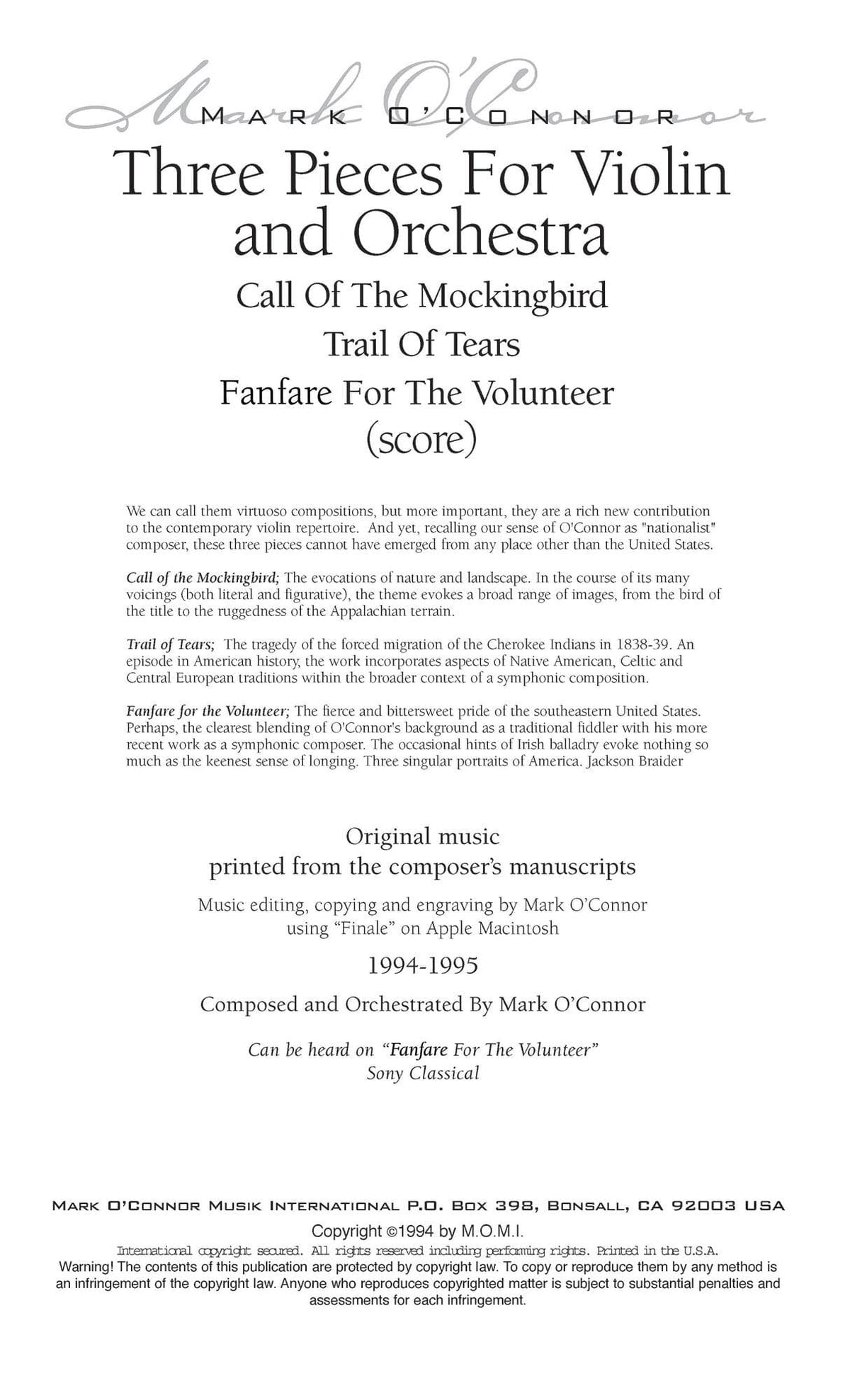 O'Connor, Mark - Three Pieces for Violin and Orchestra - Score - Digital Download