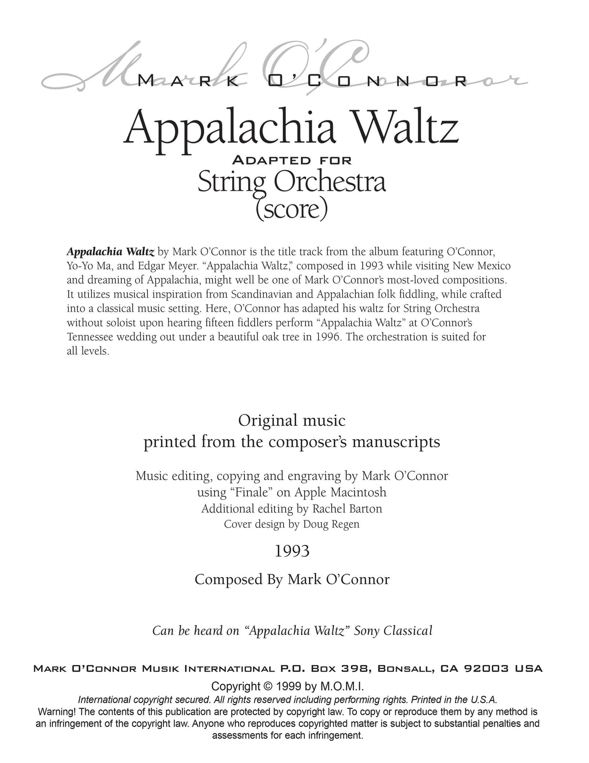 O'Connor, Mark - Appalachia Waltz Orchestral - Score - Digital Download