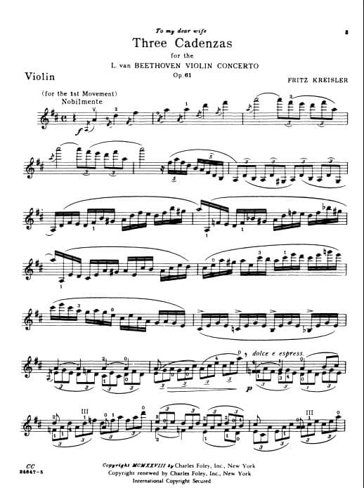 Beethoven - Cadenzas for Beethoven's Violin Concerto, Opus 61 - Violin - arranged by Fritz Kreisler - Carl Fischer