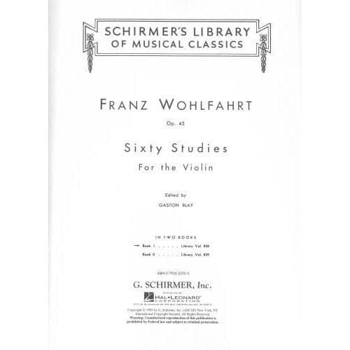 Franz Wohlfahrt - 60 Etudes for Violin, Op 45 Book 1 - Violin - Blay - Schirmer