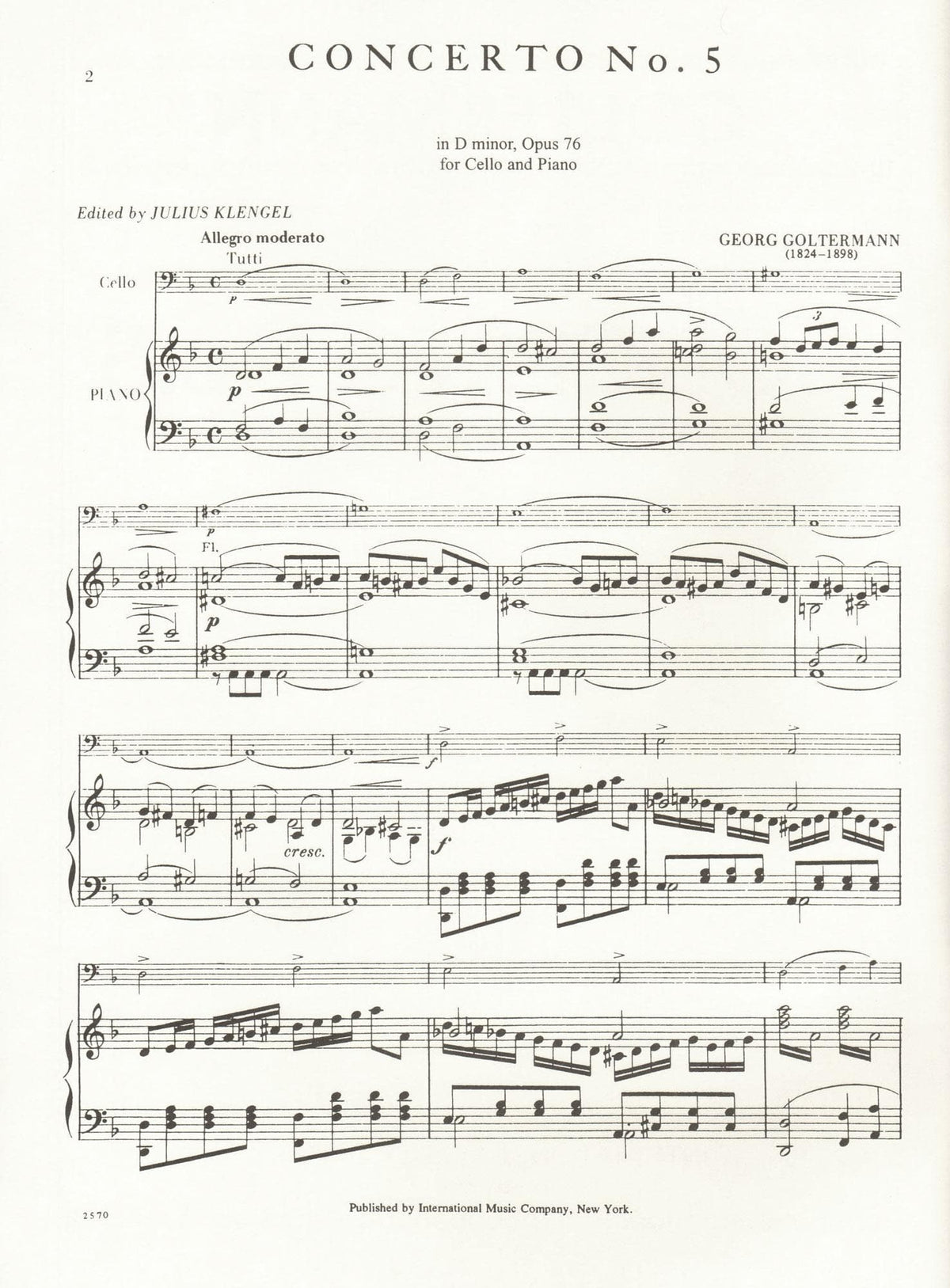 Goltermann, Georg - Concerto No 5 in d minor, Op 76 - Cello and Piano - edited by Julius Klengel - International Edition