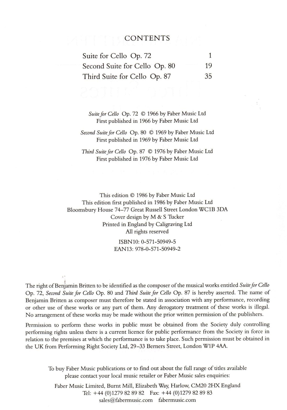 Britten, Benjamin - 3 Suites For Cello Op 72 , 80 , and 87 for Cello - Edited by Rostropovich - Faber Music Publication