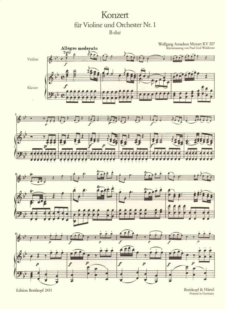 Mozart, WA - Concerto No 1 in B-flat Major, K 207 - Violin and Piano - edited by Paul Graf Waldersee - Breitkopf & Härtel Edition