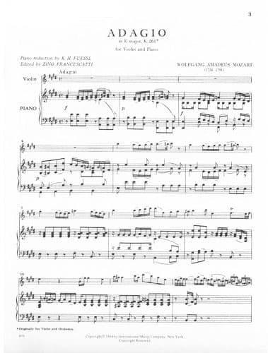 Mozart, WA - Adagio in E Major, K 261 - Violin and Piano - edited by Zino Francescatti - International Music Co