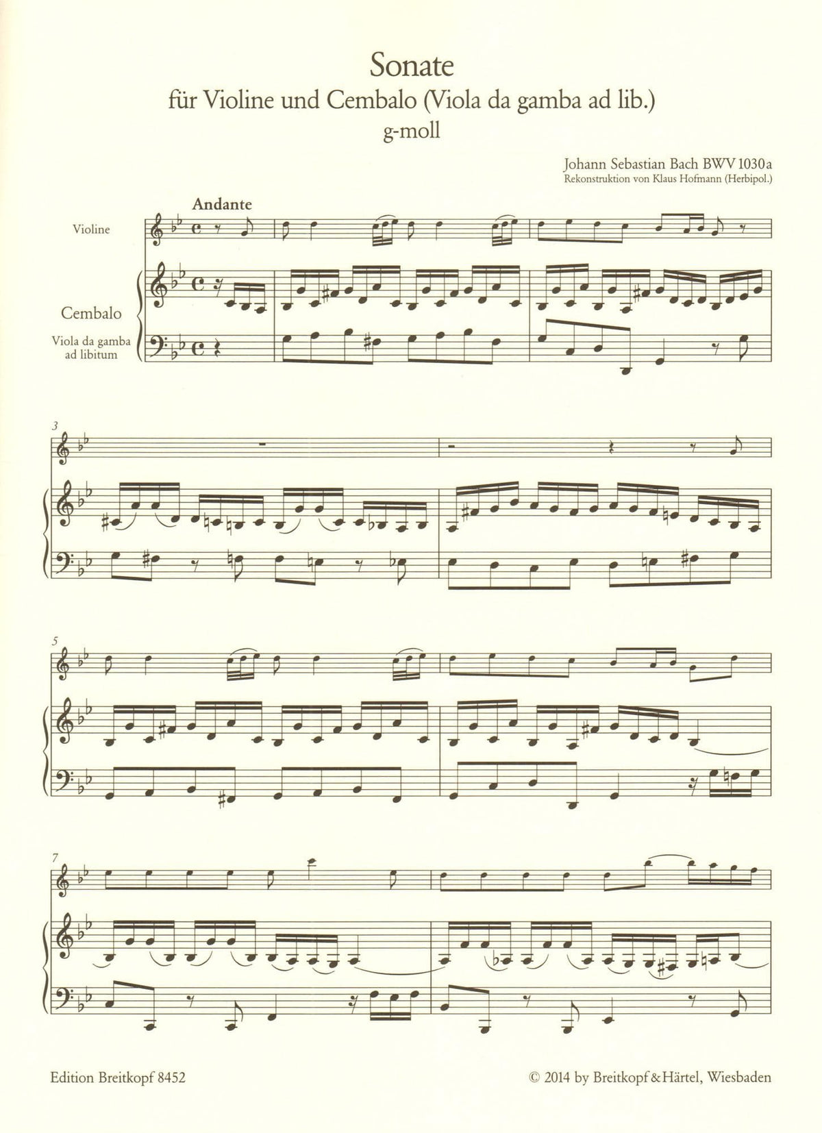 Bach, J.S. - Sonata for Violin and Cembalo in G Minor - optional Viola da gamba part - BWV 1030a - Edition Breitkopf