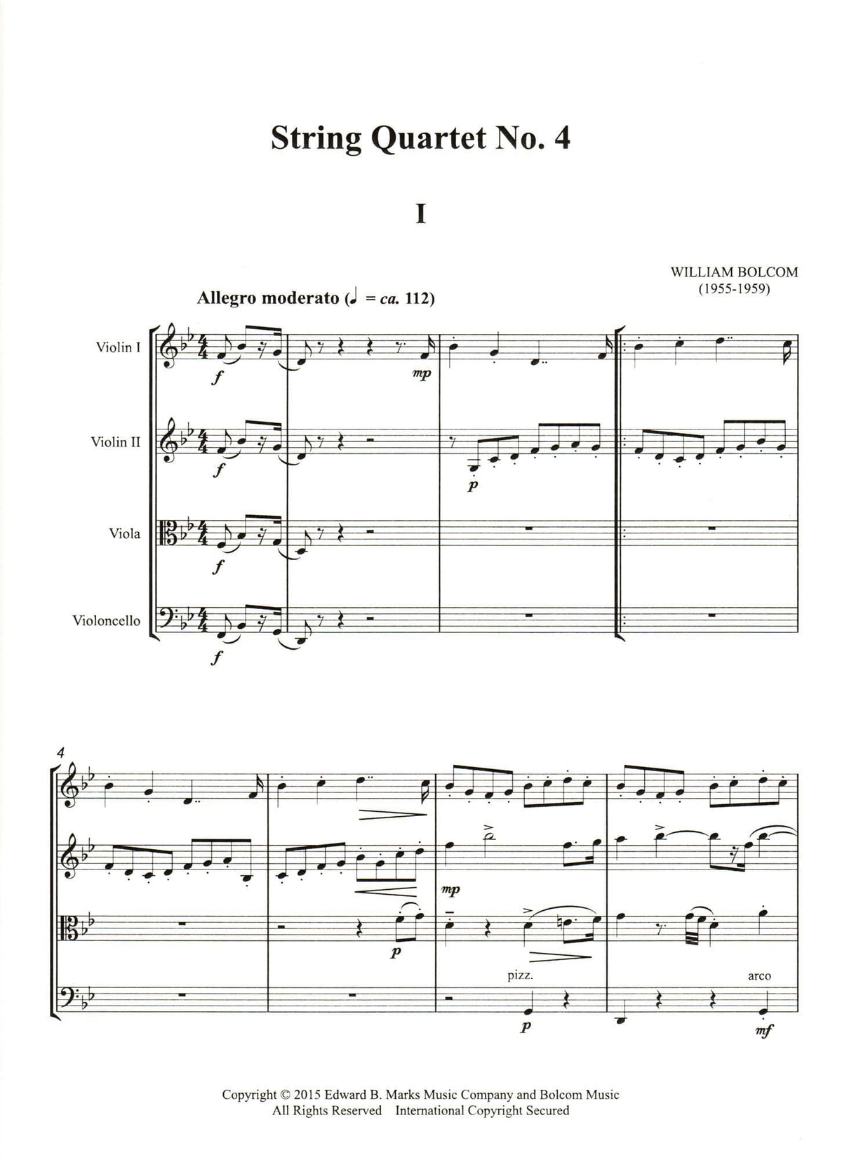Bolcom, William - String Quartet No. 4 - Score and Parts - Edward B. Marks Music Company
