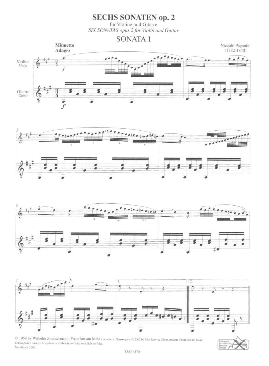 Paganini, Niccolò - Six Sonatas for Violin and Guitar, Op 2 - edited by Erwin Schwarz-Reiflingen -Zimmermann Edition
