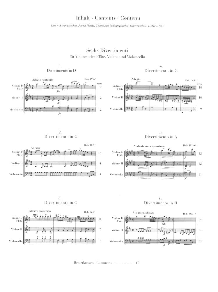 Haydn, Franz Joseph - Six Divertimenti, Hob VI:6-11 - Flute (or Violin), Violin, and Cello - G Henle Verlag URTEXT