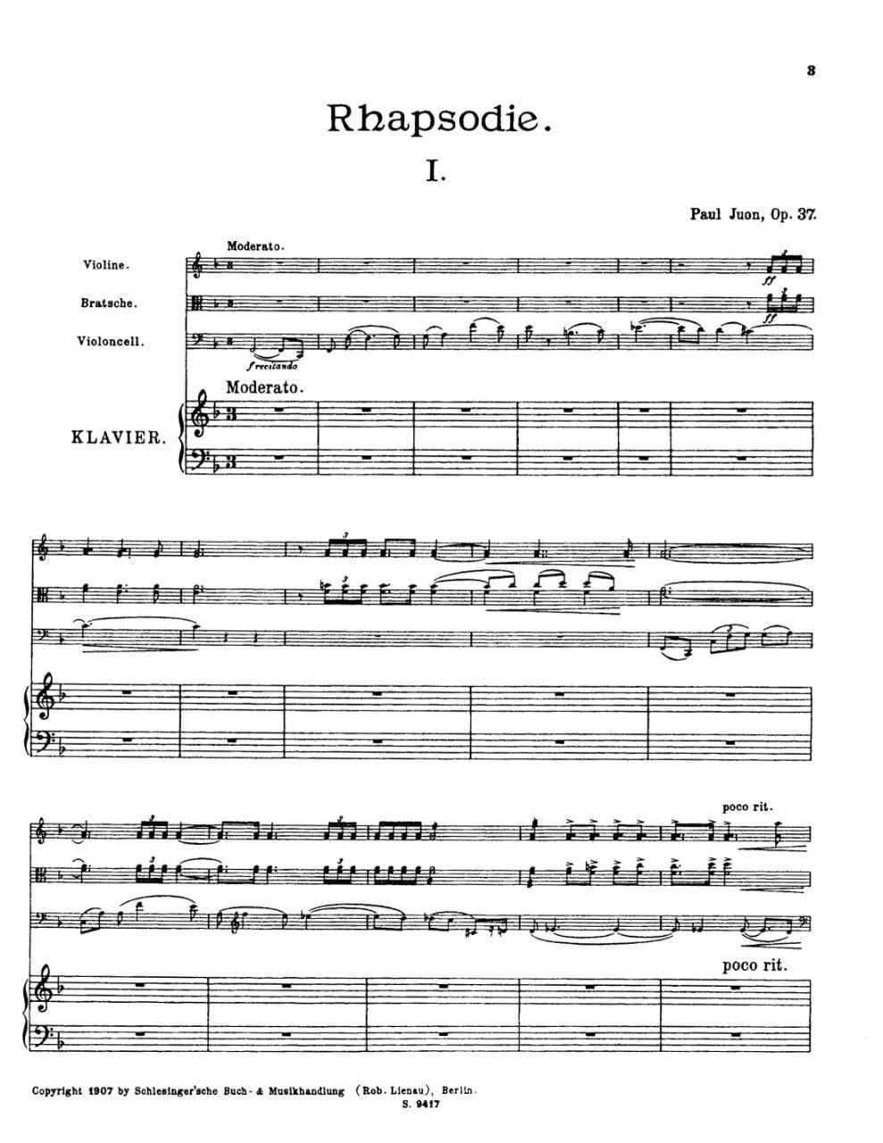 Juon, Paul - Rhapsodie, for Piano Quartet (Violin, Viola, Cello, and Piano) Reprint of the 1907 Schlesinger Edition Published by Lauren Publications