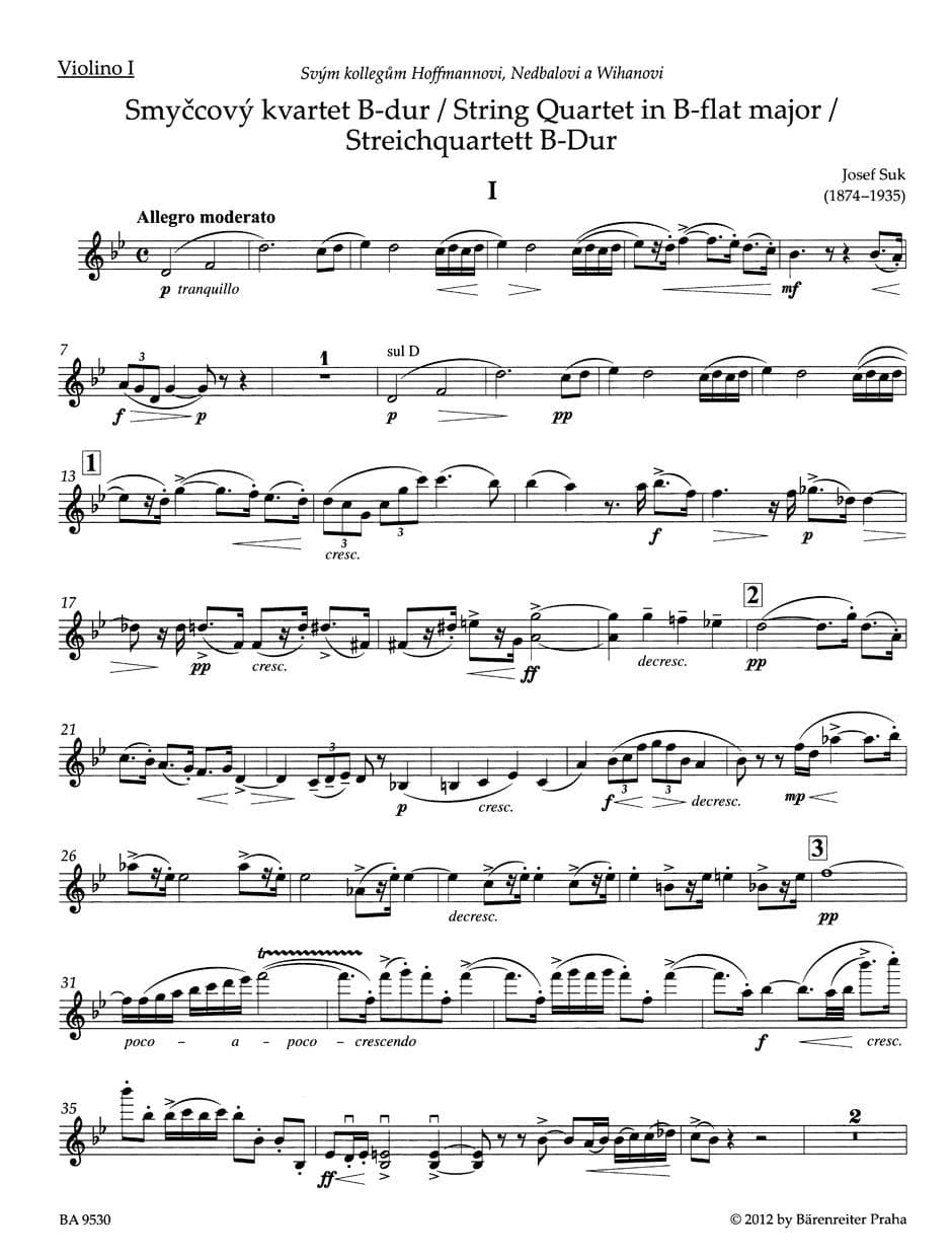 Suk, Josef - String Quartet No 1 in B-Flat Major, Op 11 - edited by Zdenek Nouza - Bärenreiter