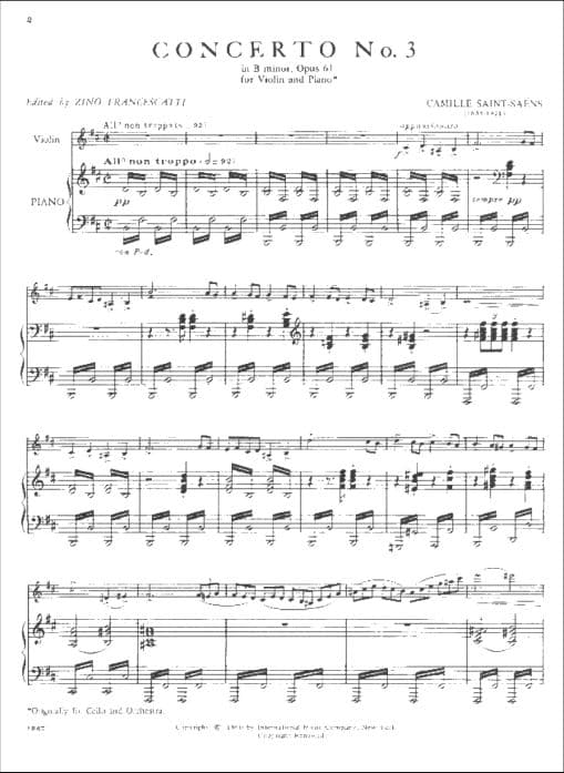 Saint-Saens, Camille - Concerto No 3 in B minor Op 61 - Violin and Piano - published by International Music Company