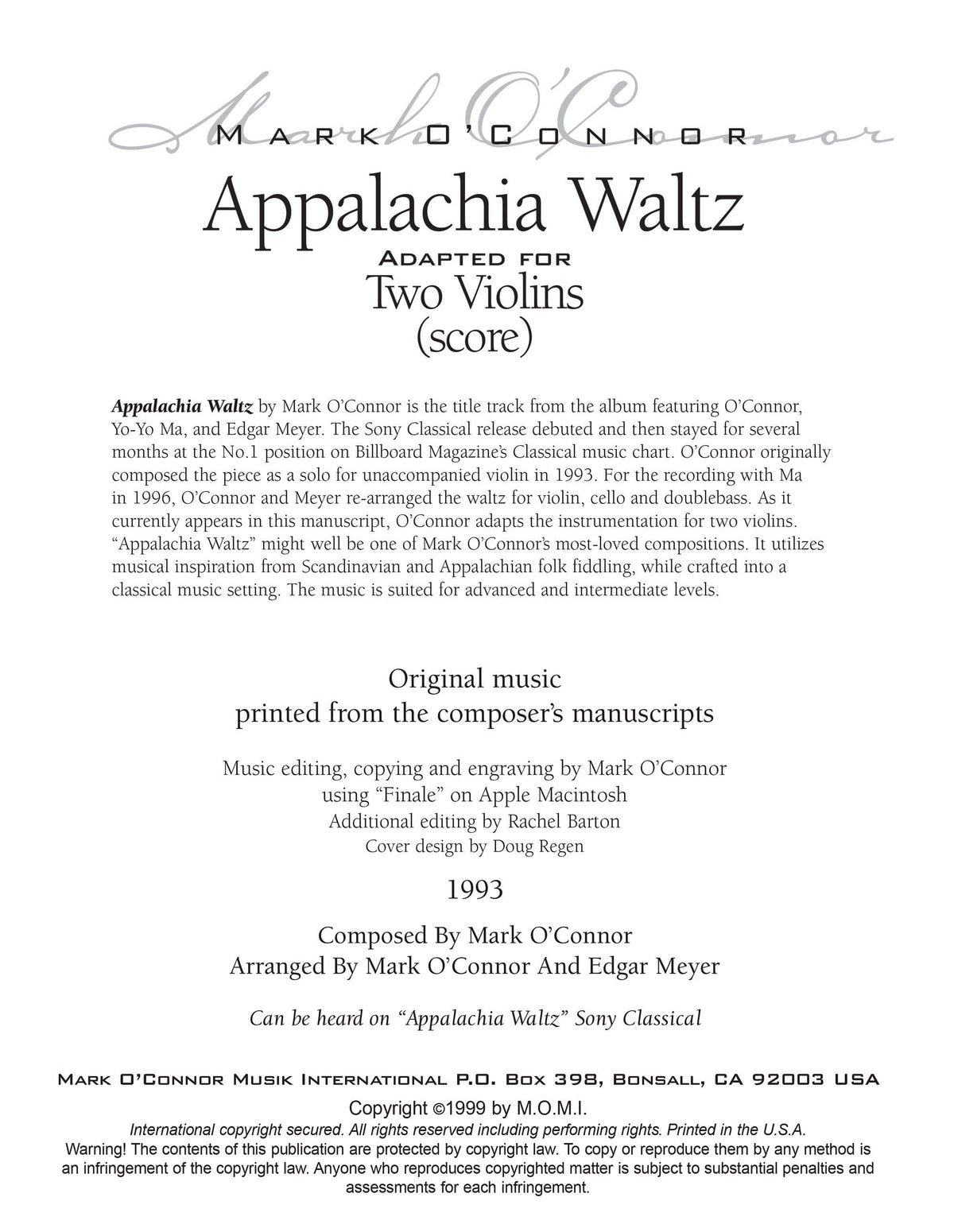 O'Connor, Mark - Appalachia Waltz for 2 Violins - Score - Digital Download
