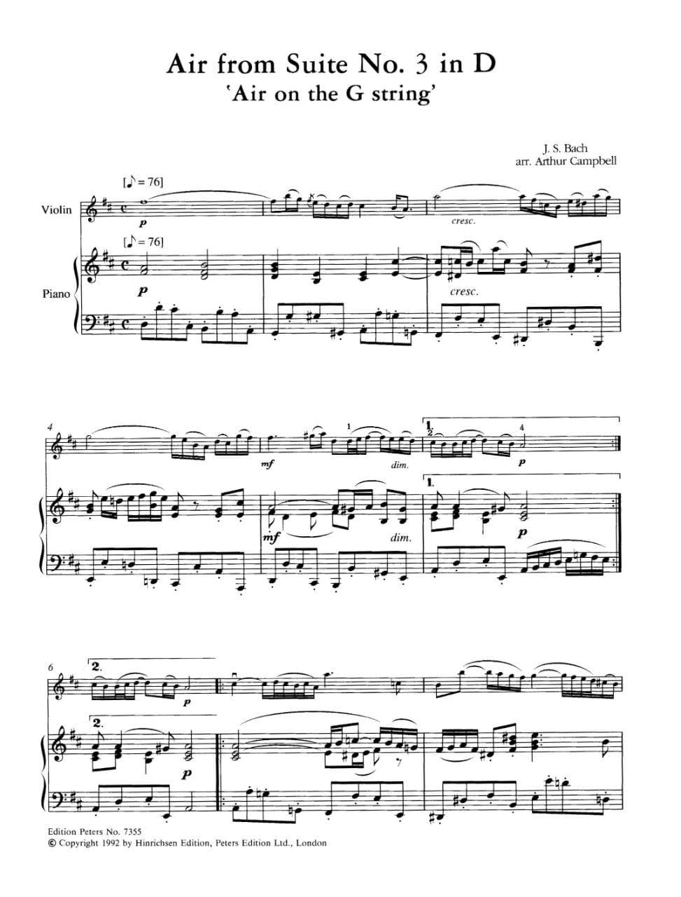 Bach, JS - Air on the G String BWV 1068 for Violin - Arranged by Campbell - Peters Edition