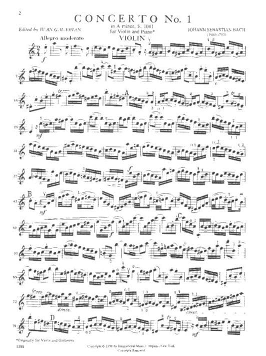 Bach, JS - Violin Concerto No 1 in A Minor, BWV 1041 - Violin and Piano - edited by Ivan Galamian - International Music Company