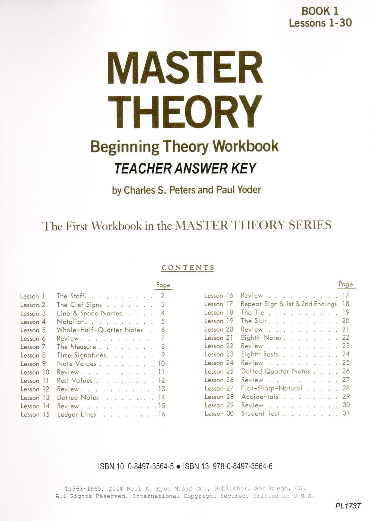 Master Theory Book 1: Teacher Answer Key By Charles Peters and Paul Yoder Published by Neil A Kjos Music Company