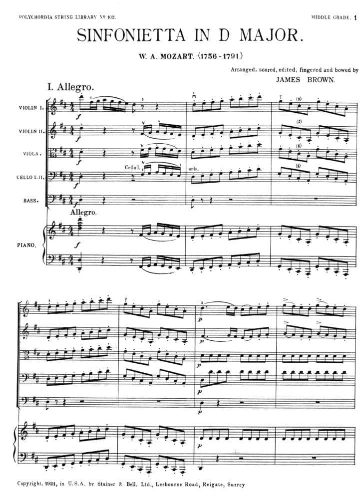 Mozart, WA - Sinfonietta in D Major for String Orchestra - Piano Score ONLY - EC Schirmer Publishing