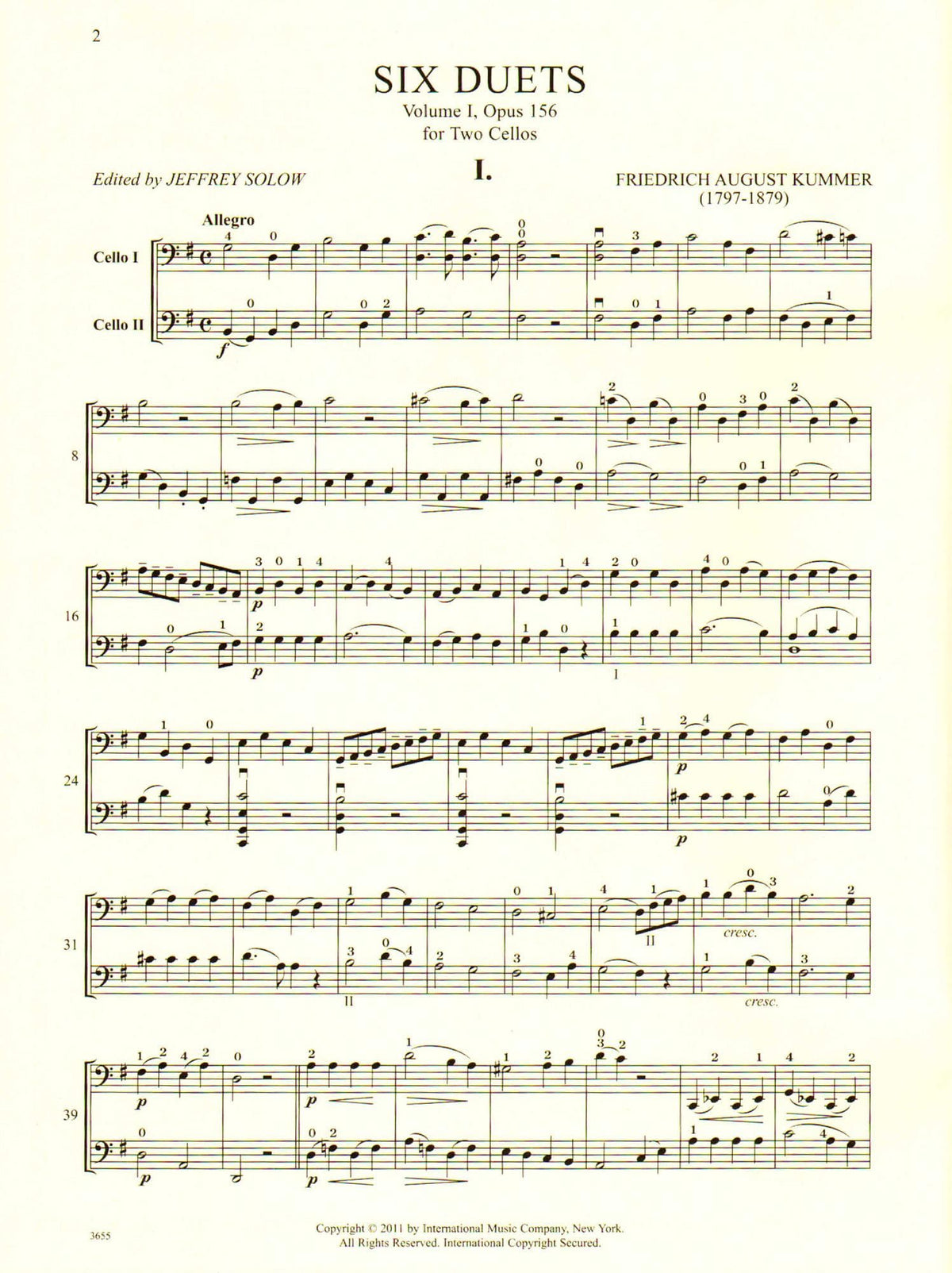 Kummer, FA - Six Duets, Op 156, Volume 1 - Two Cellos - edited by Jeffrey Solow - International Music Co