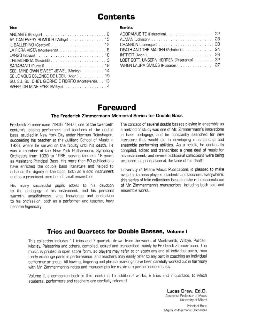Zimmermann, Frederick - Trios and Quartets For Double Bass, Volume 1 Published by University of Miami Music Publications