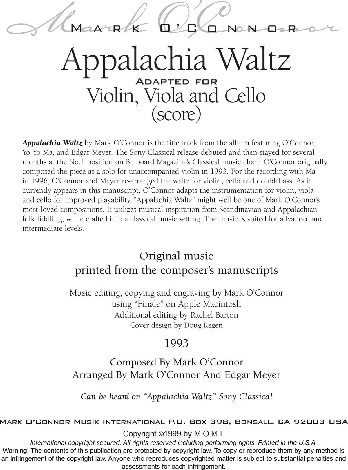 O'Connor, Mark - Appalachia Waltz for Violin, Viola, and Cello - Score - Digital Download