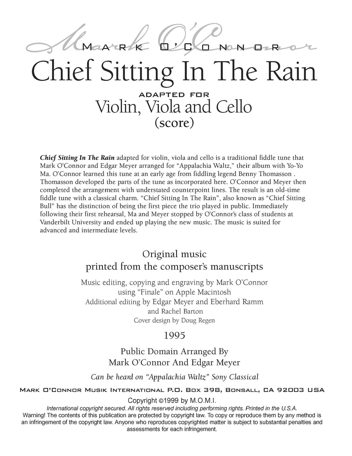 O'Connor, Mark - Chief Sitting In The Rain for Violin, Viola, and Cello - Score - Digital Download