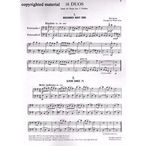 Bartok, Bela - 18 Duos for Two Cellos - Arranged by Kurz - Boosey & Hawkes Edition
