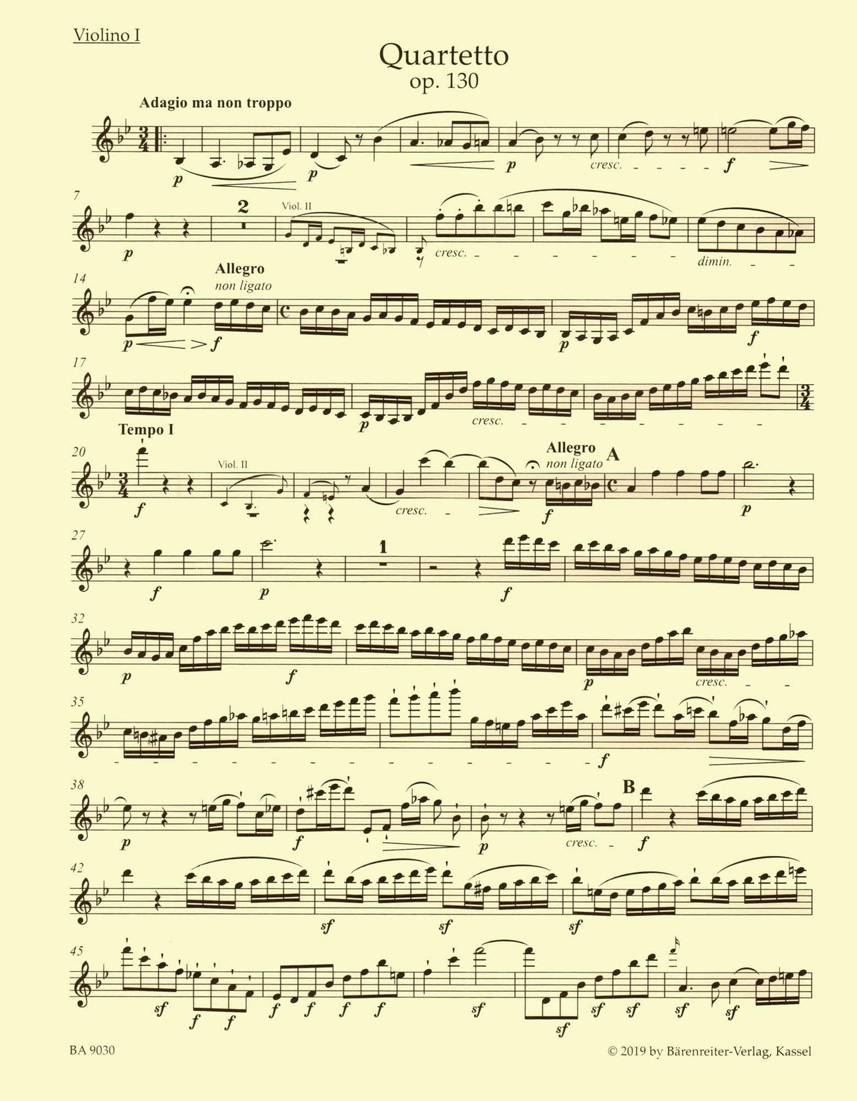 Beethoven, Ludwig - String Quartet in B-flat Major, Op 130 - Parts ONLY - edited by Jonathan Del Mar - Barenreiter URTEXT