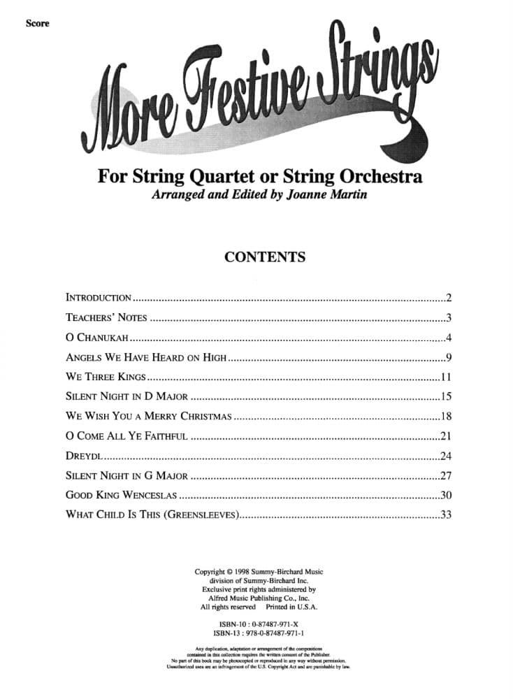 Martin, Joanne - More Festive Strings for String Quartet or String Orchestra - SCORE ONLY - Alfred Music Publishing