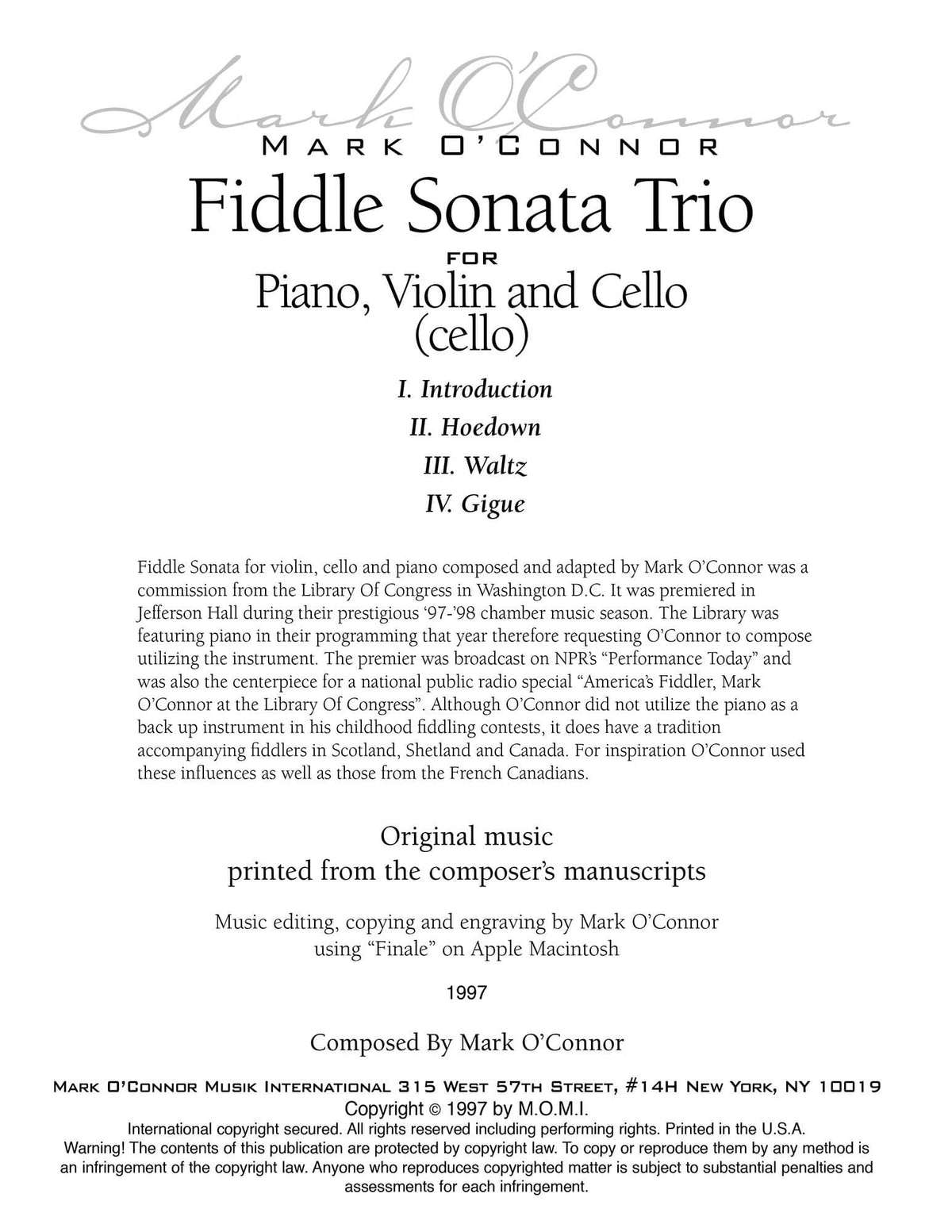 O'Connor, Mark - Fiddle Sonata Trio for Piano, Violin, and Cello - Cello - Digital Download
